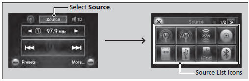 Select Source, then select an icon on the source list to switch the