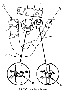 4. Align the quick-connect fittings with the line (A), and