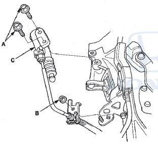 3. Remove the roll pins (A). Disconnect the clutch line