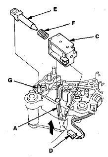 4. Disconnect the shift lock solenoid connector (D).
