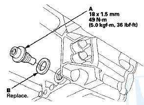 4. Reinstall the drain plug with a new sealing washer (B).