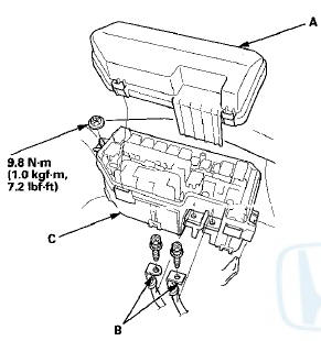 3. Remove the under-hood fuse/relay box (C) from the