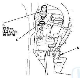 2. Remove the rocker arm oil pressure switch (B).