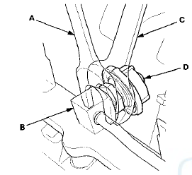 4. Place a wrench (C) on the fuel pulsation damper (D),