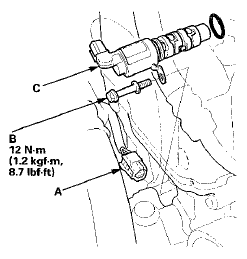 2. Remove the bolt (B) and the VTC oil control solenoid