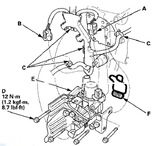 3. Remove the harness clamps (C) and the bolts (D).