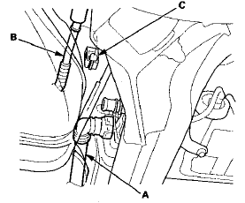 7. Remove the hose (B) from the clamp (C).