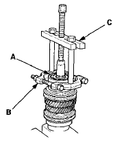 2. Support 5th gear (A) on steel blocks, and press the