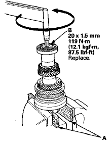 20. Tighten a new special bolt (B) (left-hand threads).