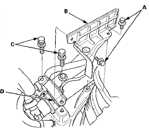 19. Remove the power steering gearbox stiffener bolts