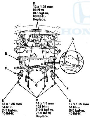 12. Loosely install new subframe mounting bolts (C), new