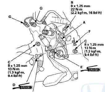 8. Install the clutch pedal mounting bolt (B) and the