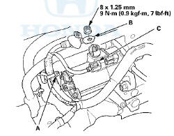 3. Connect the positive starter cable (B) to the B