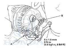 2. Tighten the two bolts securing the alternator.