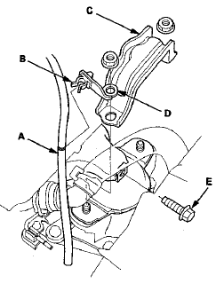 29. Remove the front engine mount stop (C) and the