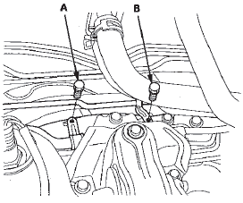 33. Remove the P/S fluid inlet line clamp bolt (B).