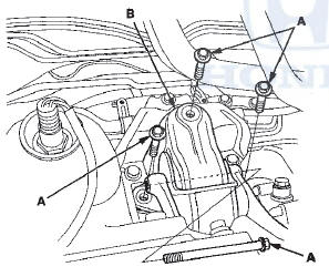 35. Remove the bolts (A), then remove the rear engine