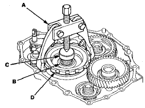 13. Install a puller (A) with two 6 x 1.0 mm bolts (B) on the