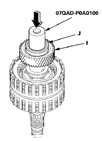 3. Install the idler gear (I), then install the transmission