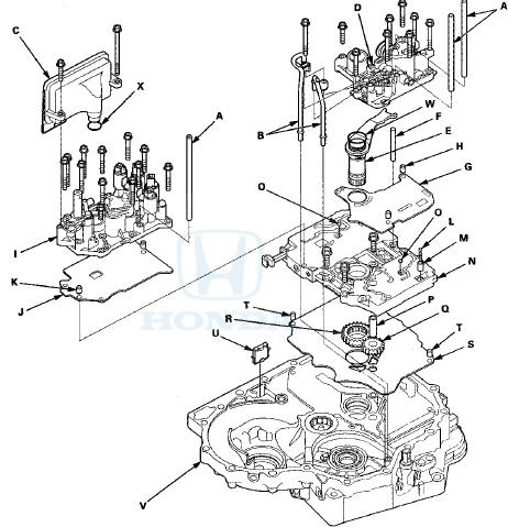 2. Remove the ATF strainer (C) (two bolts).