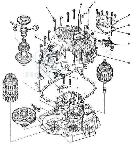 2. Remove the shift solenoid valve cover (C), the dowel pins (D), and the