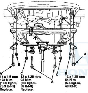 23. Loosely tighten the front subframe mounting bolt (A)