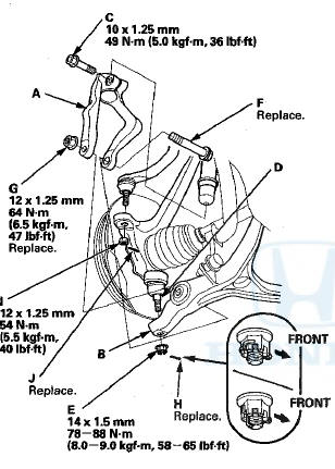 43. Install the knuckle ball joints (D) on the lower arms