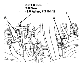 49. Secure the P/S fluid return line (B) with the clamp (C).