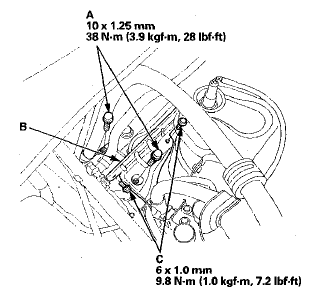 52. Install the heat shield (B) with the bolts (C).