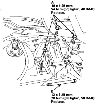 55. Loosely install a new rear engine mount bolt (B).