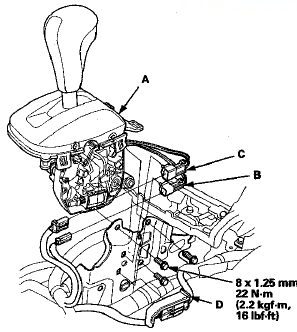 2. Connect the shift lock solenoid connector (B) and the