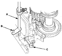 8. Hook the detent spring (A) to the detent arm (B).