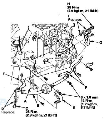 36. Secure the line brackets (F) with three bolts.