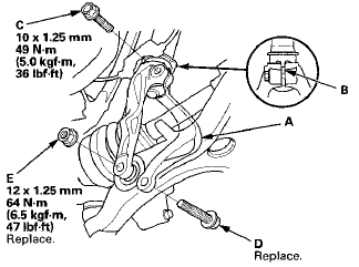 11. Loosely install a new damper fork mounting bolt (D)