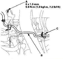 36. Install the return line (B) to the return hose clamp (C),