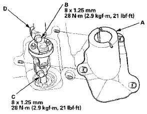 9. Loosen the steering joint upper bolt (B), and remove