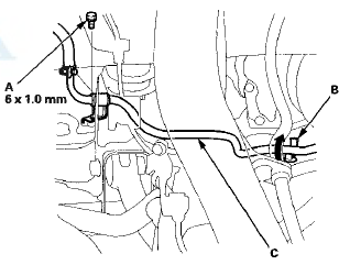 23. Release the return line clamp (B), and remove the