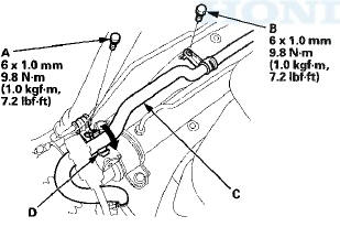 38. Install the return hose (C) to the return hose clamp (D),