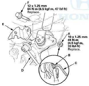 7. Remove the damper lower mounting bolt (F).