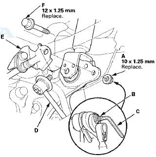 6. Remove the damper lower mounting bolt (F).