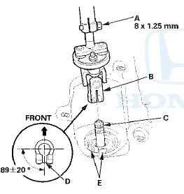 49. Align the bolt hole (A) on the steering joint with the