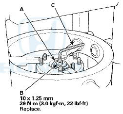 8. Hold the damper shaft with a hex wench (C), and