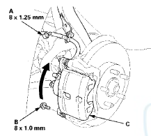 5. Remove the flange bolt (B), and pivot the caliper (C)