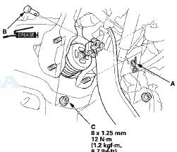 8. Remove the brake booster mounting nuts (C).