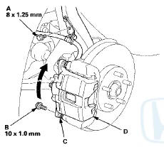 5. Remove the flange bolt (B) while holding the caliper