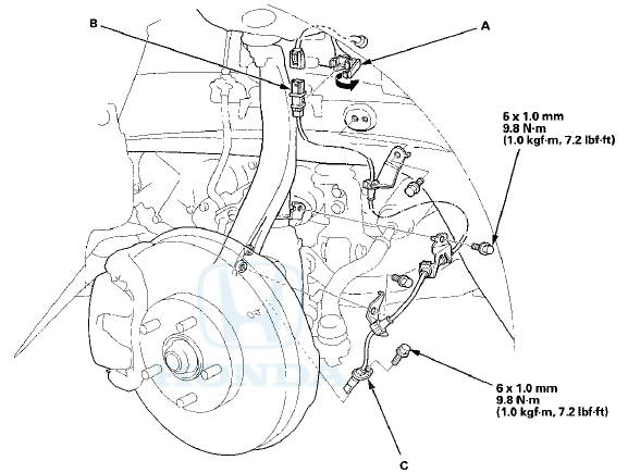 3. Remove the bolts and the wheel speed sensor (C).