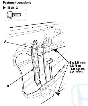 6. Lower the glass (A) until you can see the bolts, then