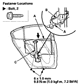 5. Remove the bolt (A) from the rear lower channel (B).