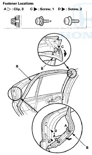 2. Pull out the upper edge of the door outer molding (A)