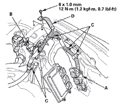 58. Install the harness clamps (C) and the bracket (D).